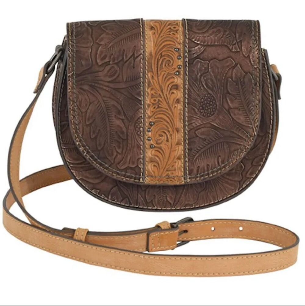 Tony Lama Tooled Leather Saddle Bag Bronzed Floral Brown Crossbody NEW - Picture 2 of 8
